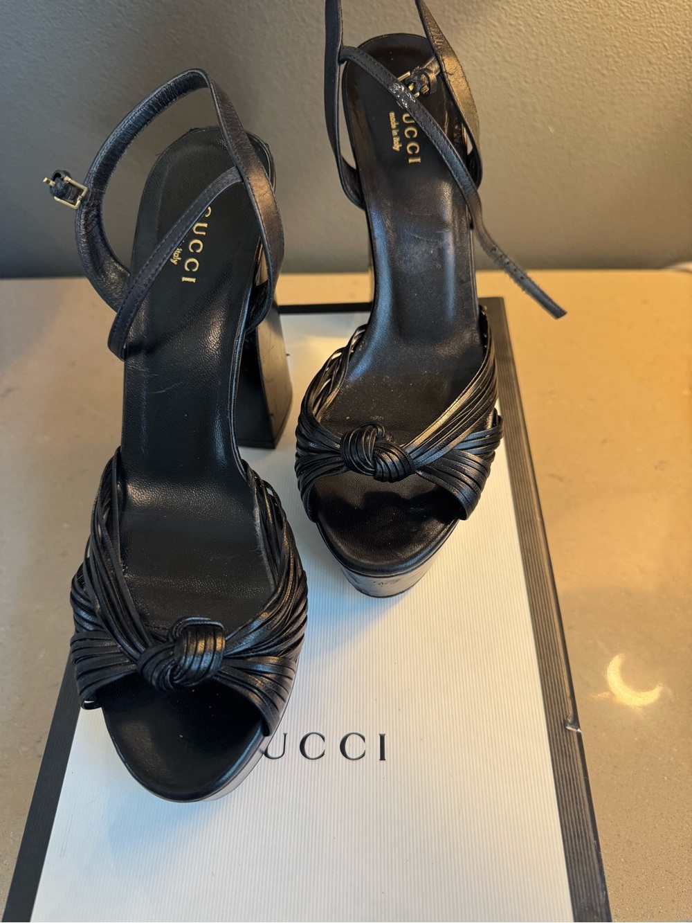 Gucci Black Knotted Leather Platform Heels